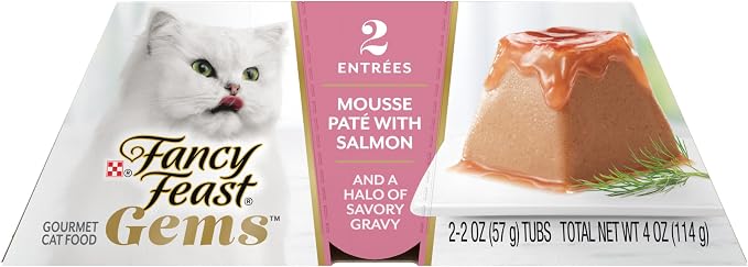 Purina Fancy Feast Gems Salmon Wet Cat Food, 4 oz boxes, 8-Pack | 16 single servings, mousse pate with savory gravy, made with no artificial preservatives, 100 percent complete and balanced