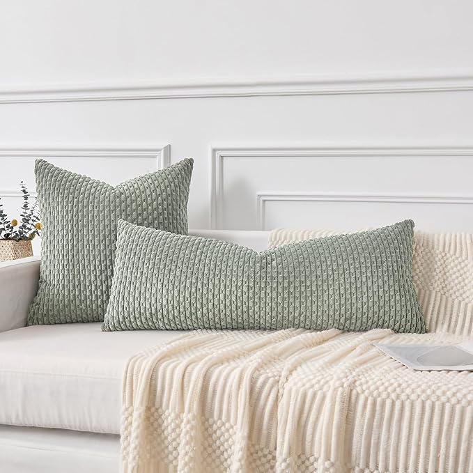 Kevin Textile Soft Corduroy 20"x54" Body Pillow Cover 1 Pack, Grey Green | Boho Stripe Plush Corduroy Decorative Oblong Cushion Cover Modern Farmhouse Home Decor for Sofa Couch Bed Chair