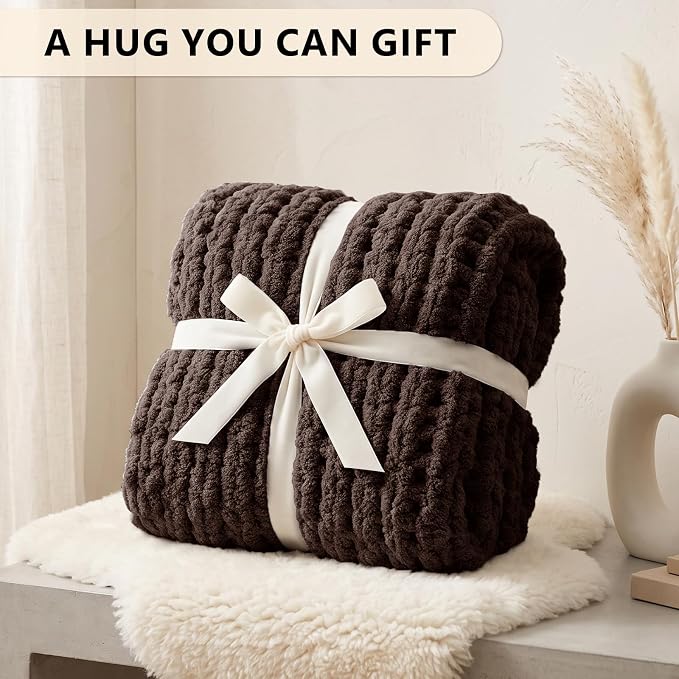 L'AGRATY Chunky Knit Throw Blanket for Couch, 60 x 80 Inches, Cocoa Brown | Handmade Chenille Crochet Blanket for Sofa Bed, Thick Cable Knitted Blankets for Room Home Decor, Birthday Gift for Women Mom