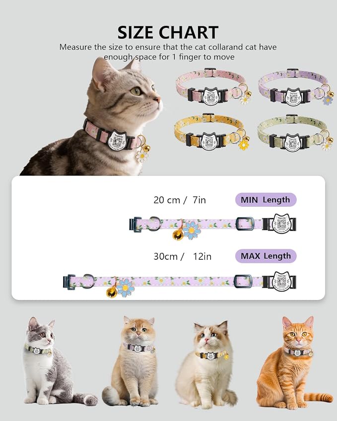 Breakaway Cat Collar with QR Code Tag and Bell (Yellow & Green, Pastoral Style)