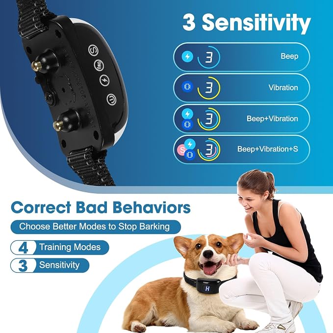 Dog Bark Collar for Large Medium Small Dogs, Automatic Smart Bark Collar, Anti Barking Training Collar with 3 Adjustable Sensitivity Beep Vibration, IPX7 Waterproof Rechargeable,Black