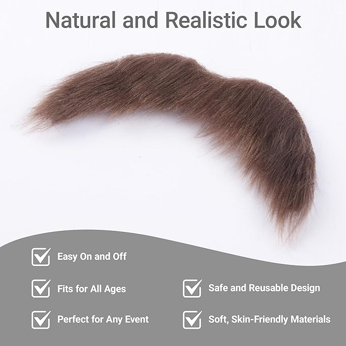 2Pcs Men Fake Mustache Realistic Mustaches Fake Facial Hair Beard for Cosplay Costume Halloween Parties