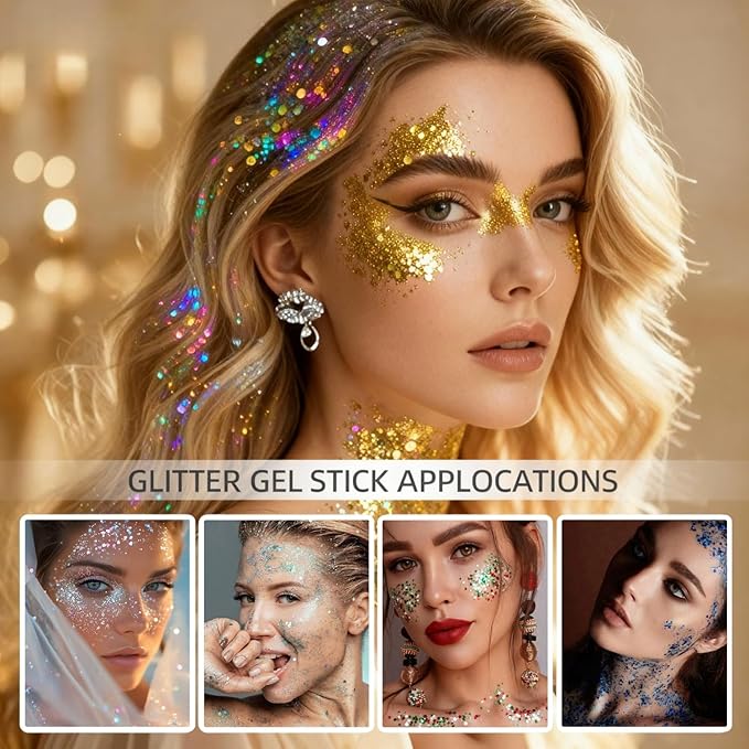 Body Glitter Stick, Holographic Sparkling Sequins Neon Outfit Rave Festival Party Christmas Accessories Face and Body Glitter Gel Makeup (Red & Green & White)