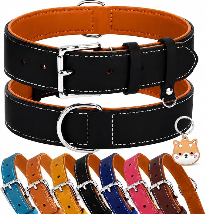 Genuine Leather Dog Collar, Soft Padded Leather Dog Collars with Airtag Holder Case for Small Medium Large X-Large Dogs,Comfort Heavy Duty Pet Collar with Durable Metal Buckle & D-Ring-Black/M