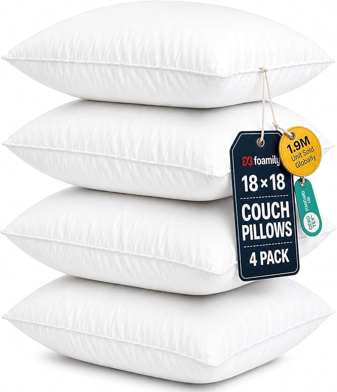 Foamily 18x18 Throw Pillow Inserts, White Pillows for Couch & Bed, 4 Pack | Soft down-alternative fill, hypoallergenic, holds its shape. Fits 18x18 covers. Couch, sofa, bed, nursery decor.