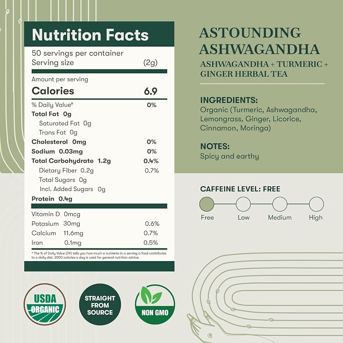 Luxmi Estates Ashwagandha Turmeric Tea | Organic Loose Leaf, 100g/3.5oz, (50 Cups) | Herbal Blend with Ashwagandha, Turmeric, Ginger, Lemongrass | Caffeine-Free