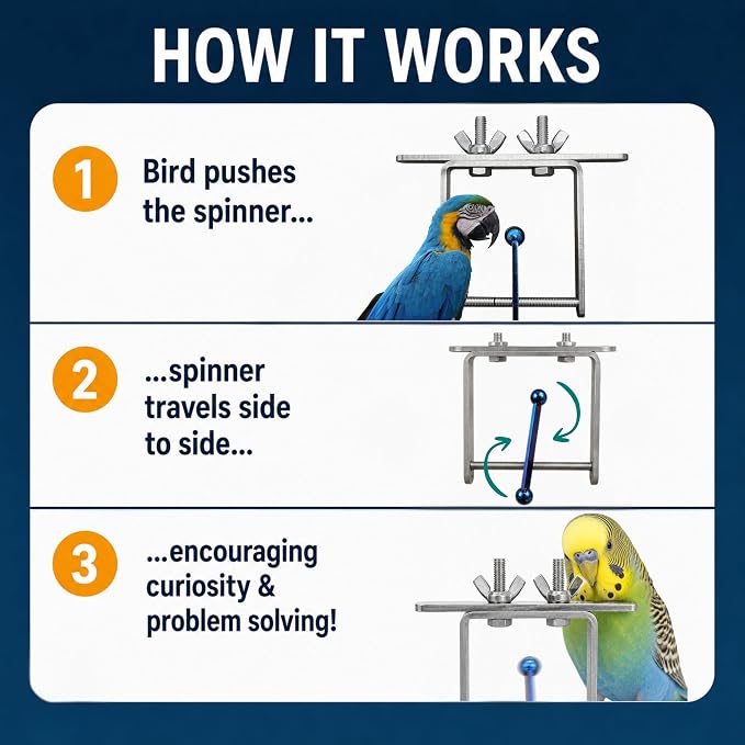 Bird Toys for Large Birds (Spinner) Stainless Steel Bird Toy with Traveling Spinner | Macaw Toys | Durable Puzzle Enrichment Toy for Medium to Large Birds Cockatoos Parrots | Bird Cage Accessories