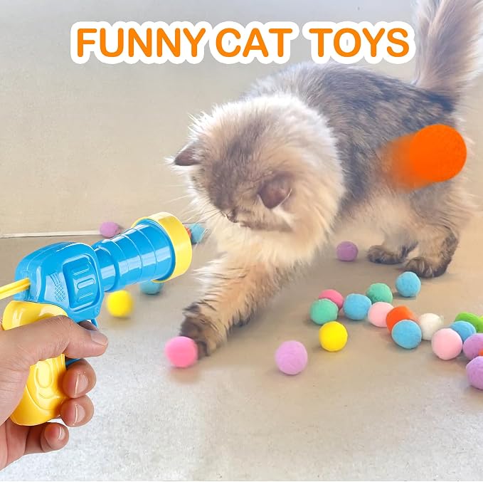 MeoHui 31Pcs Cat Ball Toy Launcher Gun, Cat Balls Fetch Cat Toys | 30Pcs Plush Fuzzy Balls Launcher Cat Toy with 1 Gun, Funny Interactive Cat Toys for Indoor Cats, Cute Kitten Kitty Toys
