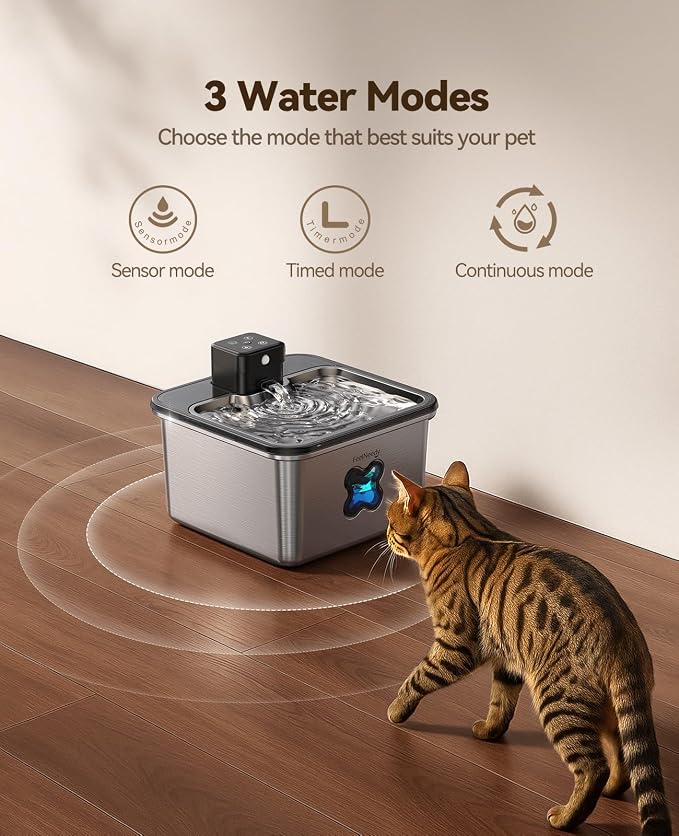 Cat Water Fountain Wireless + 6 Filters: [Visual Filter] & [Heavy-Duty Stainless Steel] FEELNEEDY- Premium, 3.2L/108oz, 4000mAh Battery Operated Pet Fountain with Sensor, for Cats and Dogs