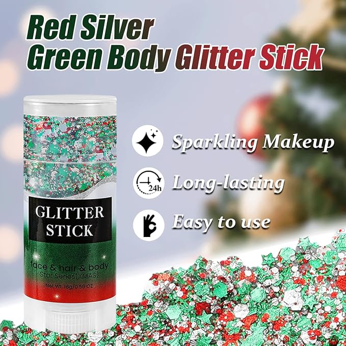 Mysense Red Silver Green Body Glitter Stick and 6 Pack Joy & Merry Christmas Bracelets Set,Christmas Gifts for Grandkids Teens Women,Festive Stocking Stuffers,Party Favors and Decorations