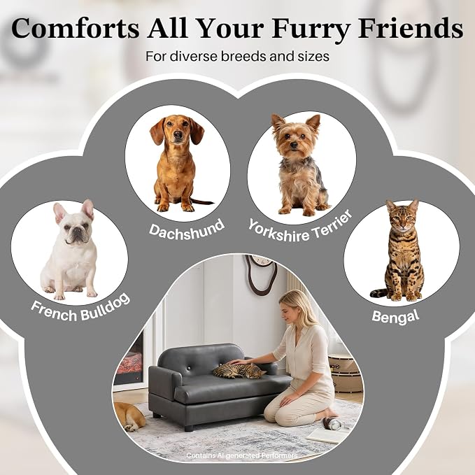 Luxury Dog Sofa Bed Elevated Pet Couch with Durable Waterproof Leather | Dog Couch with Orthopedic Sponge, Modern Furniture Style Dog Lounge & Pet Bedside Step, for Small/Medium Dogs/Cats, Gray