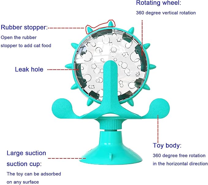 Interactive Cat Food Treats Dispenser Toy for Indoor Cats, 360° Rotating Windmill Suction Cup Toys for Small Pet, Puzzle Original Slow Dog Feeder Snack Distribution & Exercise Wheel Toy (Lake Blue)