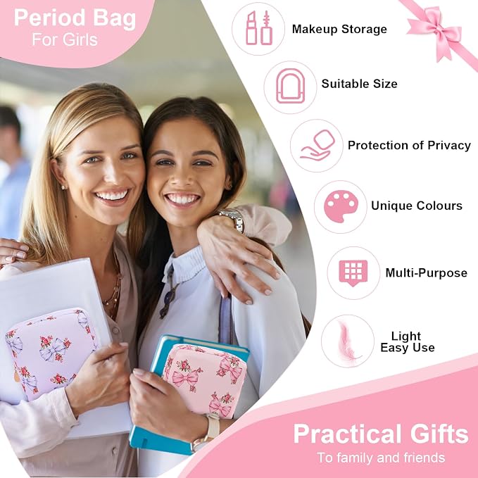 Sanitary Pad Storage Bag Portable Period Bag for Teen Pads/Sanitary Napkins/Small Tampons, Sanitary Napkin Storage Bag First Period Gifts for Teen Girls (Blue Rose Bowknot)