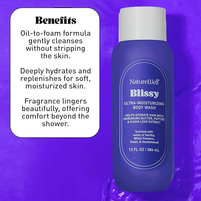NATURE WELL Blissy Hydrating & Cleansing Body Wash, Infused with Guava Leaf Extract, Murumuru Butter, & Peptides, Scented with Vanilla, White Flowers, Violet, & Sandalwood, 13 Fl Oz