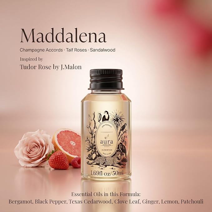 A U R A - Maddalena Fragrance Oil for Waterless Scent Diffuser - Inspired by J. Malone Tudor Rose | 1.7 fl oz / 50 ml Essential Oil Blend for Aromatherapy & Hotel Collection Diffuser