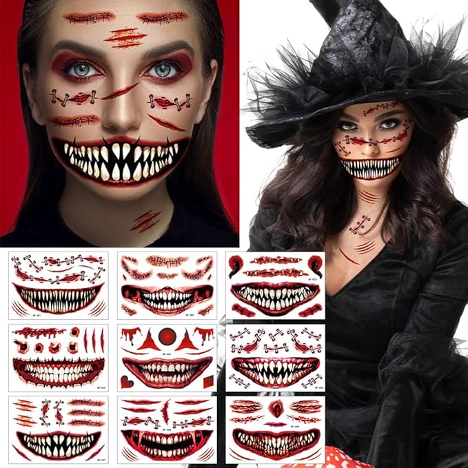 9 Sheets Halloween Tattoos - Halloween Temporary Tattoos, Horrible scar Makeup Fake Face Stickers, Funny scar mouth Face Decals for Adults Women Girls Clown Makeup Kit Party