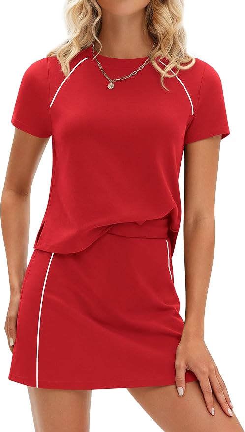 PRETTYGARDEN Women's 2 Piece Skirt Sets Matching Clothing | Short Sleeve Shirts,Color Block Tops,Mini Skirts with Shorts Pockets,Skort Set,Workout Active Wear,Tennis Golf,Summer Outfits