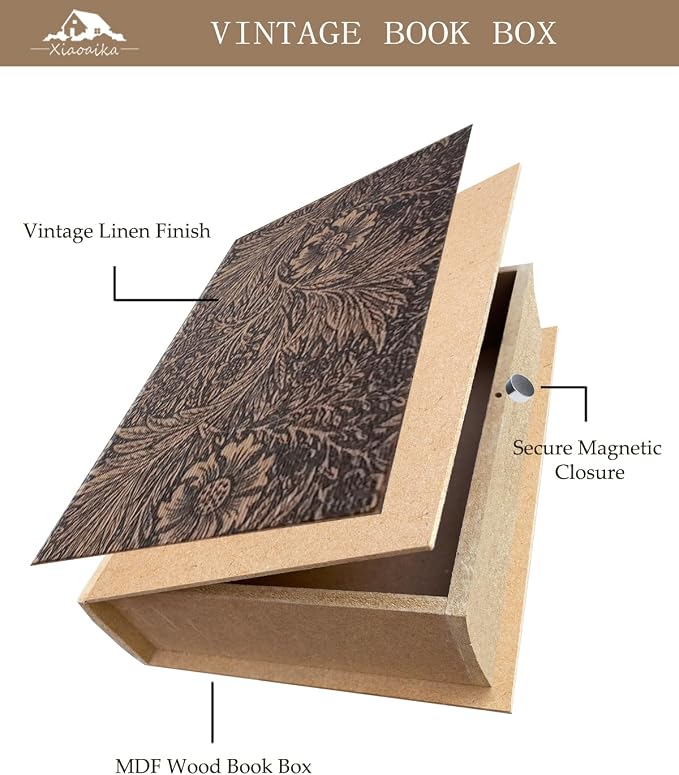 Wooden Book Box Set of 3 – Vintage Floral Designs with Linen Fabric Covers and Magnetic Closure, William Morris Style Hidden Storage for Bookshelf, Home or Office Decor