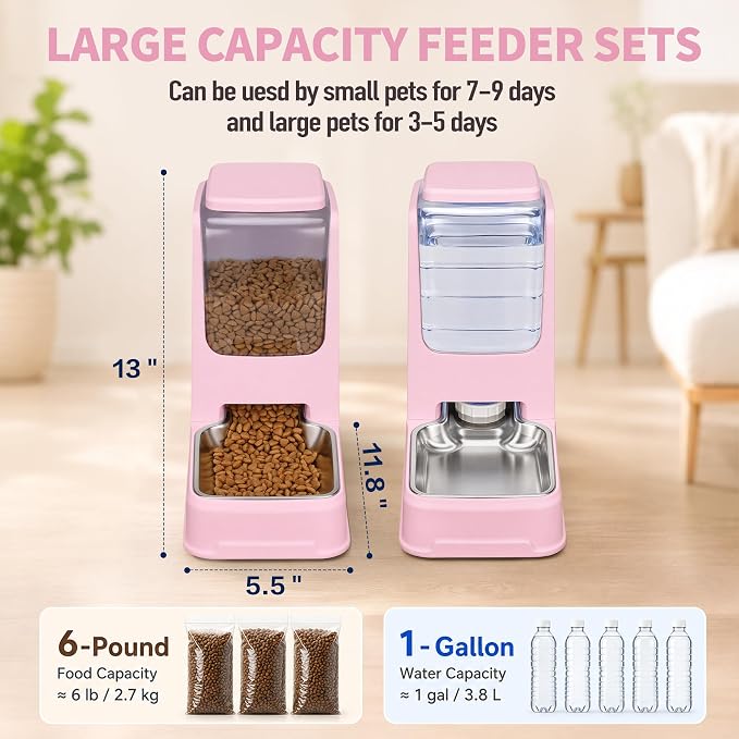 Automatic Cat Dog Feeder and Water Dispenser Set with Stainless Steel Bowl | Automatic Cat Feeder and Water Dispenser Set with Dog Stainless Steel Feed Bowl Pet Gravity Self Feeding and Waterer *2