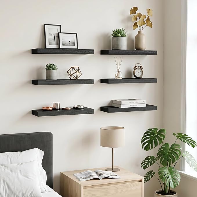 Fixwal Floating Wall Shelves for Decor (Black, Set of 6, 15.7 Inch) | MDF Shelves with Metal Brackets, Space Saving for Books, Decor, Works in Bathroom, Kitchen, Living Room, Bedroom