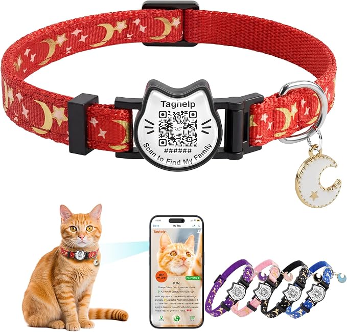 Smart QR Code Cat Collar with Online Profile - Breakaway Safety Kitten Collar with Cute Stars and Moon Design, Adjustable Collar for Girl Boy Cats & Small Pets - Red Color Spring Pet Gifts (Red)