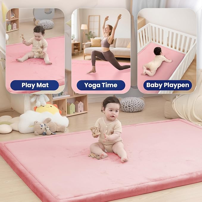 Huloo Sleep 2" Extra Thick Baby Play Mat for Floor,Ultra Soft Elasti Foam Mat for Tummy Time & Crawling,Playpen,Non Slip Nursery Rug for Toddlers,Infants,kids,Tatami Style for Yoga,Playroom(Pink)