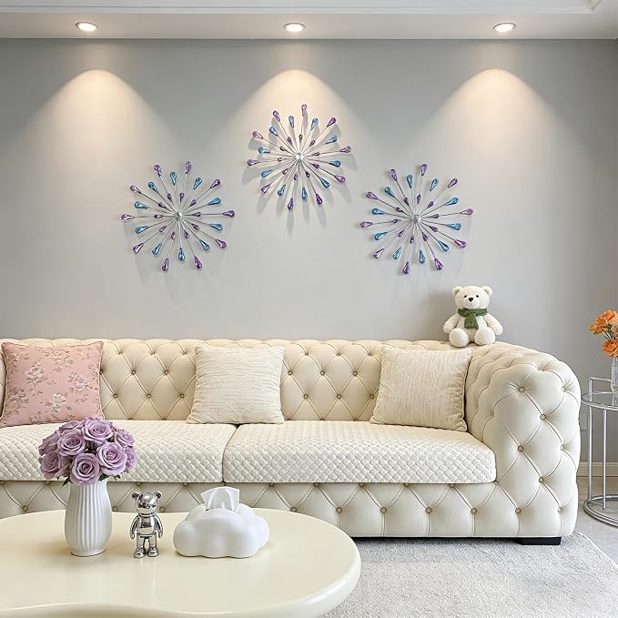 ZEXUIRU 3 Set Silver Starburst Wall Art for Home Decor Metal Bling Crystal Rhinestones Sunburst Wall Decor Sparkling Rhinestone Art Accent Silver - 13in
