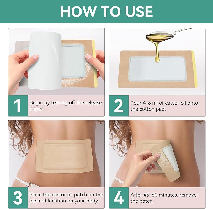 10Pcs Castor Oil Pack Wrap, Organic Cotton Castor Oil Patches for Liver, Stomach, Belly Button, 11.8"x6.3", Disposable Self-Adhesive, Leak-Free, 5X Absorbent Cotton Pad, Portable