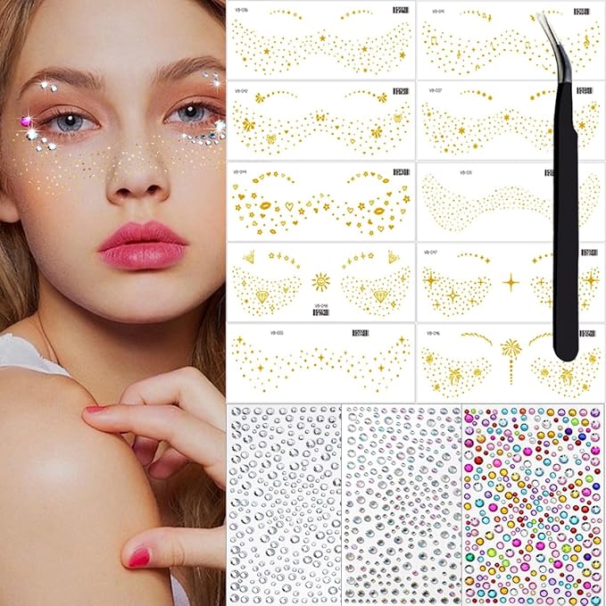 Gold Glitter Freckles Face Tattoo Makeup - Fake & Faux Freckles, Sparkle, Waterproof, Temporary Face Tattoos - Jewels & Stickers - 13 Sheets for Women