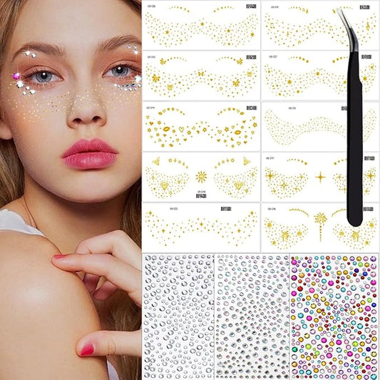 Gold Glitter Freckles Face Tattoo Makeup - Fake & Faux Freckles, Sparkle, Waterproof, Temporary Face Tattoos - Jewels & Stickers - 13 Sheets for Women