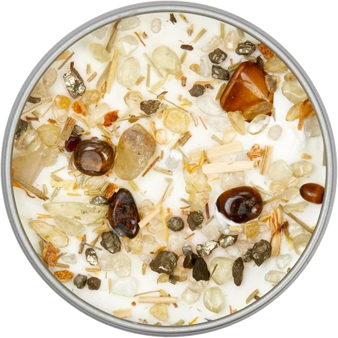 Solar Plexus Chakra Candle by New Moon Beginnings - Chakra Candles - Dried Flower, Herb, & Crystal Candles - Aromatherapy Candles - Soy Candle - 8oz Tin