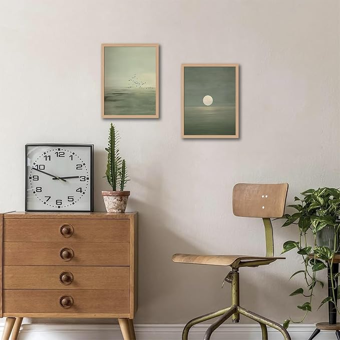 skysoon Japanese Zen Wall Art Set of 2, Sage Green Japandi Landscape Print | Japandi Scandinavian Boho Painting, Framed Picture Wall Decor for Living Room Bedroom Office 12x16 Inch