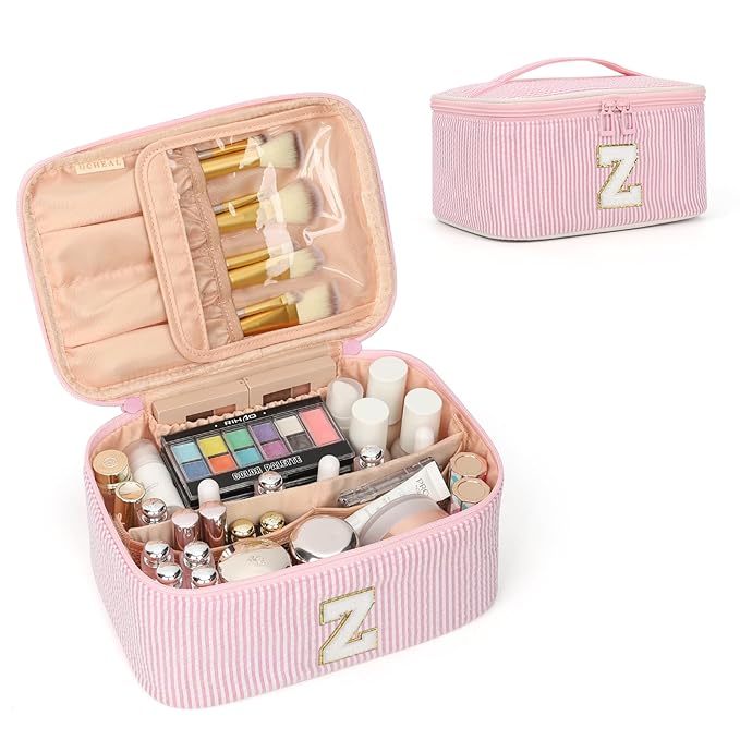 OCHEAL Makeup Bag Valentines Day Gifts for Women, Monogram Cosmetic Bag Pink Travel Makeup Case Beauty Toiletry Bag Organizer Personalized Gifts for Girls Bridesmaid, Sister, Wife, Friends Initial Z