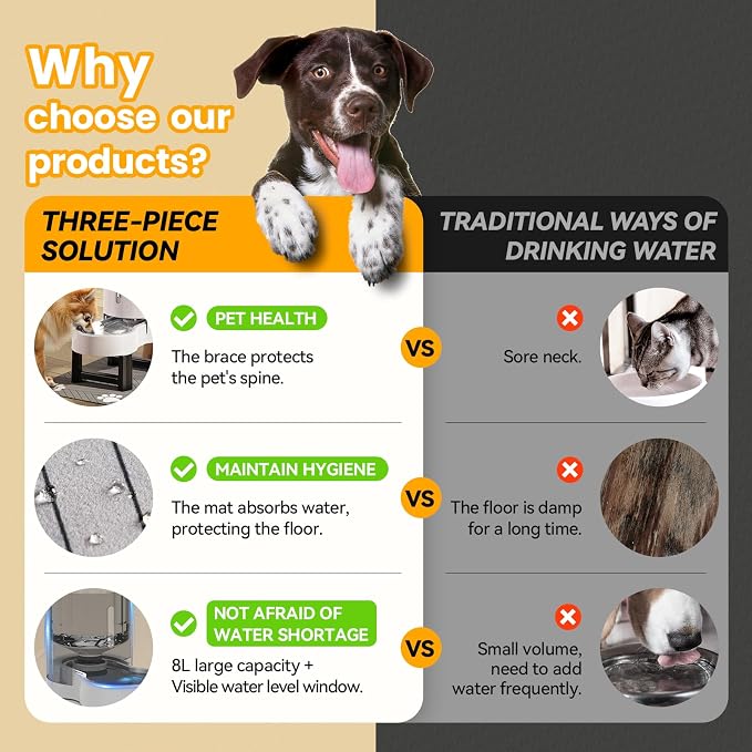 CZPET Elevated Dog Water Bowl Dispenser (8L+Stand+Mat, White) | With Stainless Steel Bowl Gravity Waterer, Large Capacity and Drinking Area Noise-Free for Pets