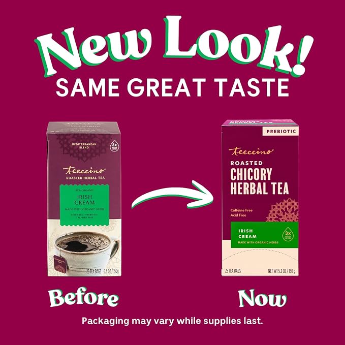 Teeccino Irish Cream Herbal Tea, Rich & Roasted Herbal Tea That’s Caffeine Free & Prebiotic for Natural Energy, 25 Tea Bags