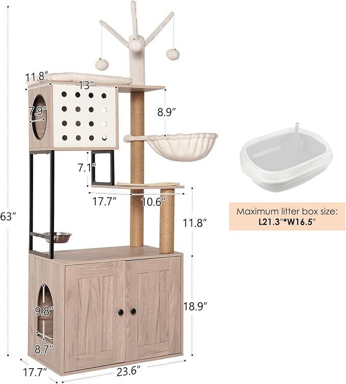 Cat Tree & Litter Box Enclosure,Modern All-in-one Indoor Cats Tower with Large Platform, Cat Condo with Wood House, Food Station, Hammocks (23.6”)