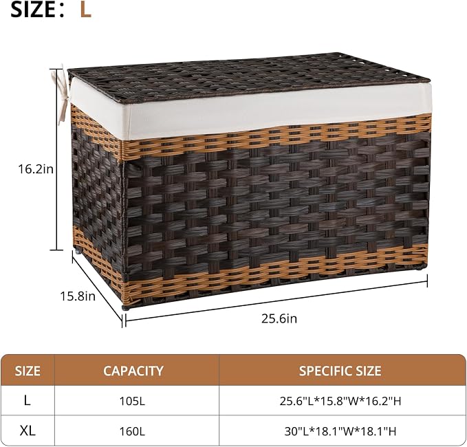 OIAHOMY Storage Basket with Lid, 27.7 Gallon (105L) Blanket Basket with Removable Liner Bag, Synthetic Wicker Hamper with Handle, Foldable, Hamper for Living Room, Brown