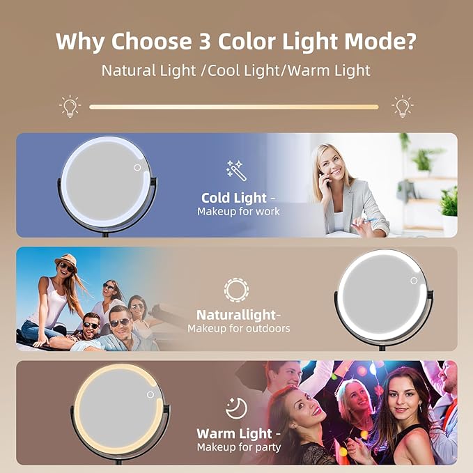 FRANO Makeup Mirror with Lights, 8" Double Sided 1x/10x Magnifying Vanity Mirror with 3 Color Lights, Rechargeable, 360° Rotation and Adjustable Height, Gift for Women Her
