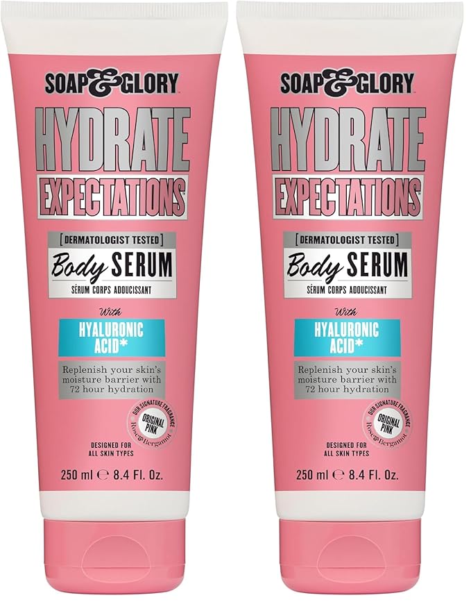 Soap & Glory Hydrate Expectations Body Serum - Thirst Quenching Hyaluronic Acid - Full-Coverage, Lightweight, Fast Absorbing Vegan Moisturizing Body Serum (8.4 Fl Oz) (Pack of 2)