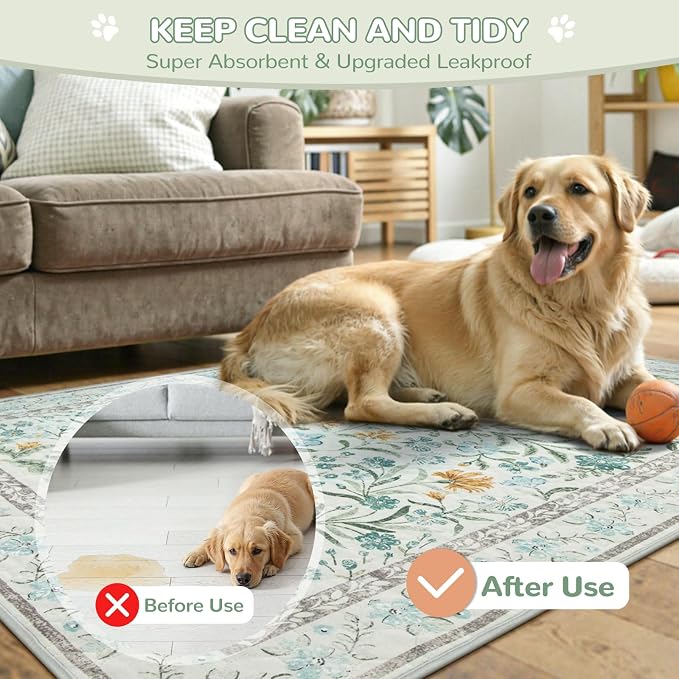 Lahome Washable Reusable Pee Pads for Dogs - Beige Botanical Floral 2 Pack Puppy Pads, Super Absorbent & Waterproof Training Mats for Crate & Floor - Leakproof with Non-Slip Backing (36"x48")