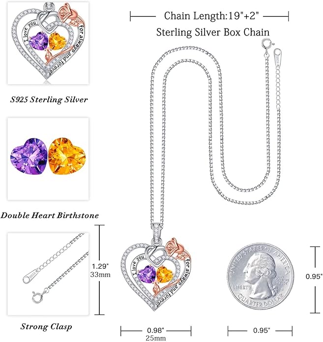 Iefil Valentines Day Gifts for Her Wife - 925 Sterling Silver Double Birthstone Necklace, Anniversary Birthday Gifts for Women, Jewelry Gift for Wife Girlfriend Mom Her