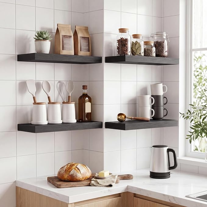 Fixwal Floating Shelves for Wall Decor (Black, Set of 4, 15.7 Inch) | MDF Shelves with Metal Brackets, Space Saving for Books, Decor, Works in Bathroom, Kitchen, Living Room, Bedroom