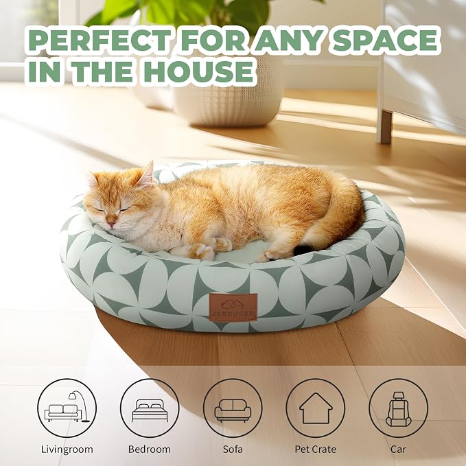 Zerbuger 20in Green Pattern Round Dog Bed Sofa for Dogs Cats, Washable | for Small/Medium/Large Dogs Cats, Foam Pet Couch with Removable Mat Non-Slip Bottom, Pet Cuddler for Indoor/Outdoor/Car/Cage