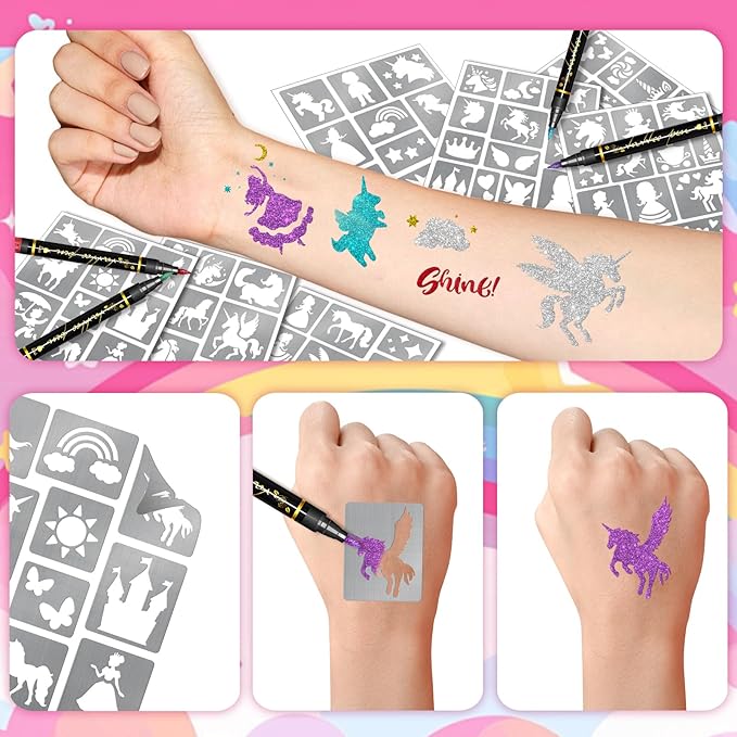 Temporary Tattoo Markers for Skin, 8 Temporary Tattoo Markers + 142 Princess Rainbow Tattoo Stencils for Kids Adults, Flexible Brush Tip & Bright Colors Marker and Tattoo Stencil Set for Party Favor