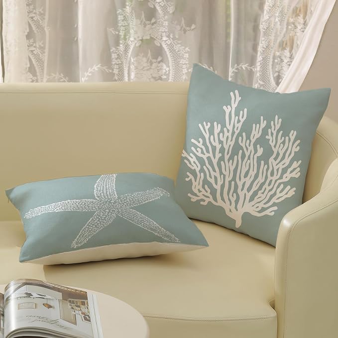 Coastal Pillow Covers 20x20 Inch Set of 2 Blue Coral Starfish Throw Pillows Nautical Ocean Decorations Summer Linen Beach Pillowcase Outdoor Decor Farmhouse Cushion Case for Home Living Room
