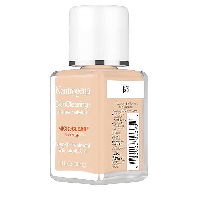 Neutrogena SkinClearing Oil-Free Acne and Blemish Fighting Liquid Foundation with.5% Salicylic Acid Acne Medicine, Shine Controlling Makeup for Acne Prone Skin, 60 Natural Beige, 1 fl. oz