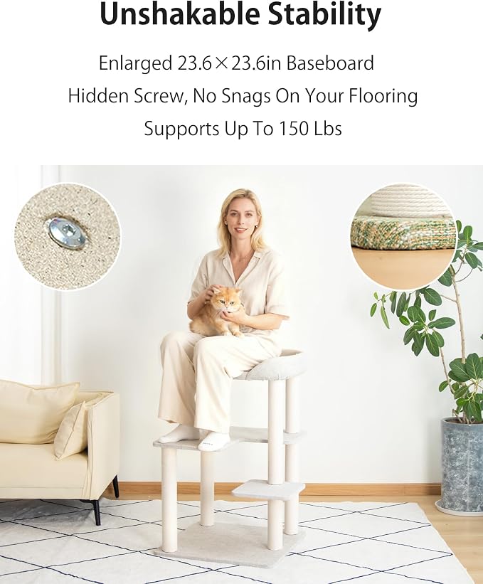 Cat Tree for Large Cat, Modern Senior Friendly Cat Tower with Wide Shelves Low Step, Cotton Scratching Posts, Super Sturdy Base, Cozy Perches, Interactive Toys (Linen Fabric Green 37.4-Inch)