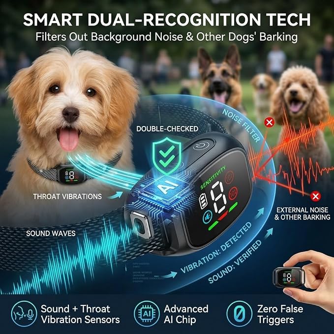 Anti Bark Vibration Collar Device for Large Medium Small Dogs 6-150lbs Smart Ai Automatic Puppy Dog Beep No Shock Barking Training Collars Rechargeable IP67 Waterproof Adjustable 8 Sensitivity