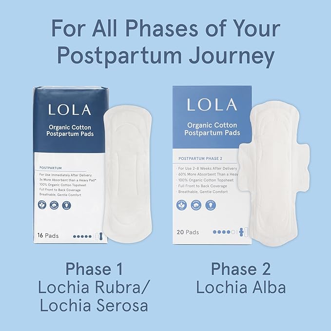 LOLA Organic Cotton Postpartum Pads - Max Absorbency Pads for Postpartum Bleeding - Extra-Long Overnight Liners for Women - Hospital Bag Essentials - 32 Count, Unscented
