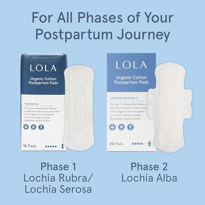 LOLA 100% Organic Cotton Postpartum Pads - 20 Count, Ultra Absorbent and Extra Long Pads, Overnight and Full Coverage, Adult Incontinence Pad for Women, Postpartum Essentials Phase 2